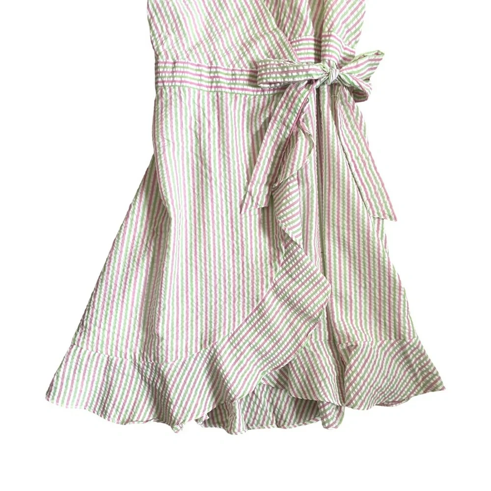NEW Draper James RSVP Puff Sleeve Pinstripe V-Neck Bow Wrap Dress Size Small - Picture 6 of 8